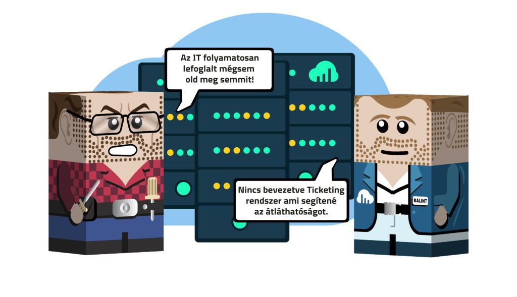 Két figura beszélget egy irodai IT háttér elött: Felhasználó panasza: „Az IT Folyamatosan lefoglalt, de nem old meg semmit” Az informatikus válasza: Nincs bevezetve ticketing rendszer, ami segítené az átláthatóságot