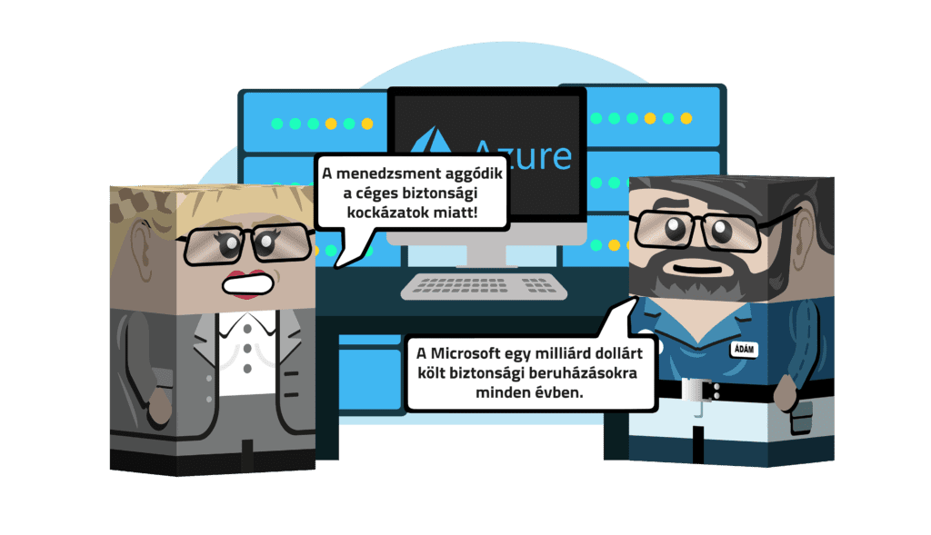 Két figura beszélget egy irodai IT háttér elött: Felhasználó panasza: A menedzsment aggódik a céges biztonsági kockázatok miatt! Az informatikus válasza: A Microsoft egy milliárd dollárt költ biztonsági beruházásokra minden évben.