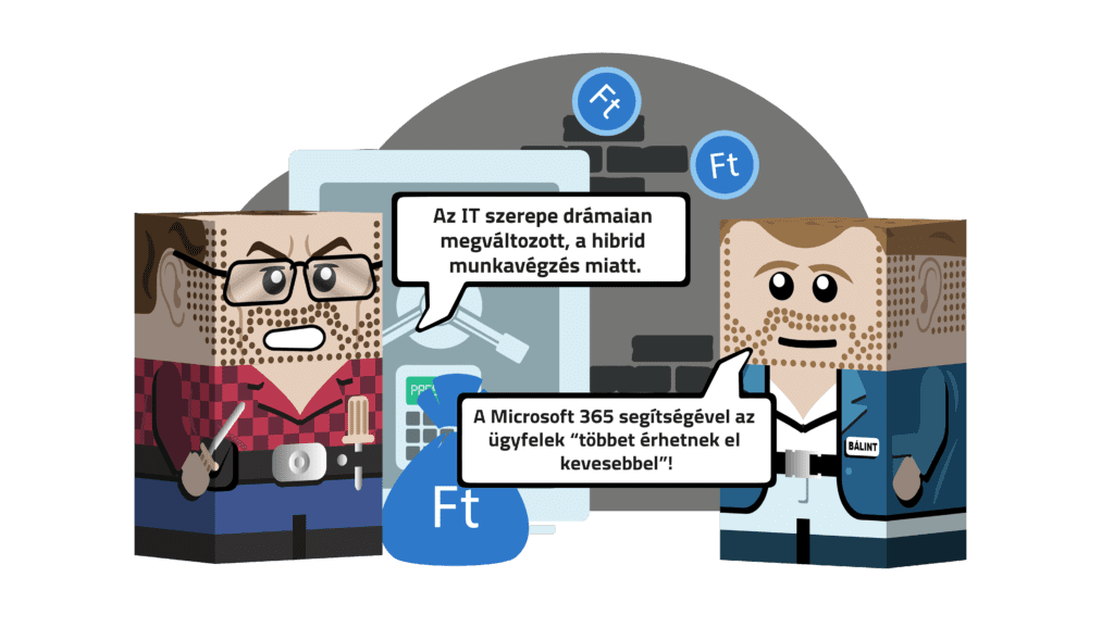 Két figura beszélget egy irodai IT háttér elött: A Microsoft 365 segitségével az ügyfelek "többet érhetnek el kevesebbel"!