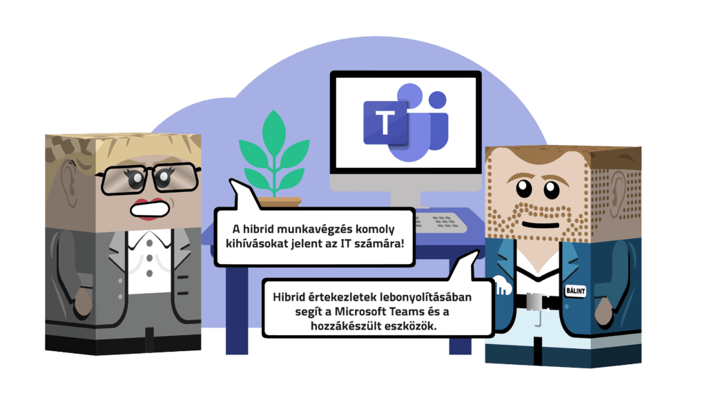 Két figura beszélget egy irodai IT háttér elött: Hibrid értekezletek lebonyolitásában segít a Microsoft Teams és a hozzákészült eszközök.